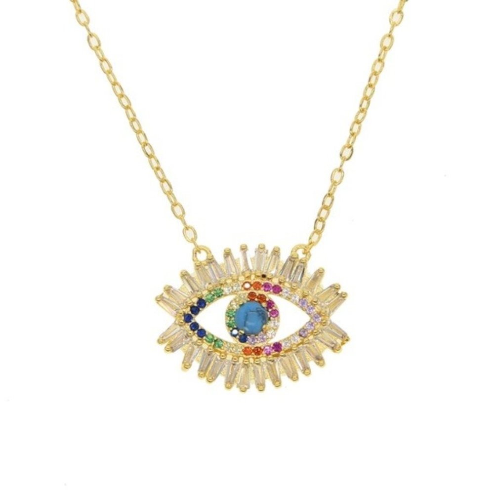 NEW ‘Reina’ evil eye rainbow CZ gold 925 necklace